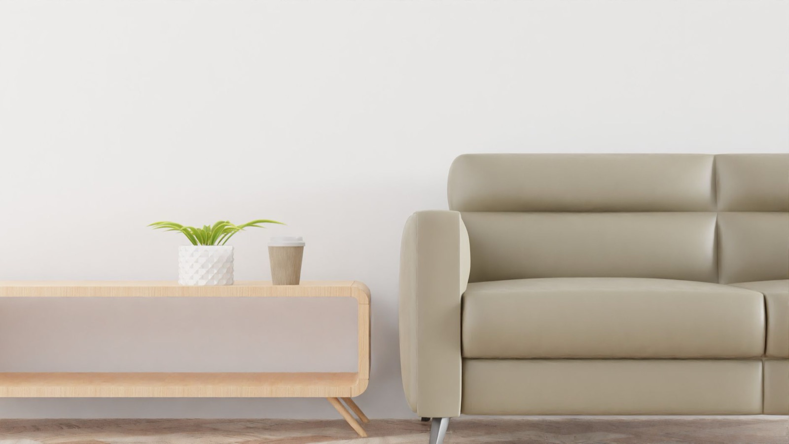 Neutral living room with a beige sofa and side table
