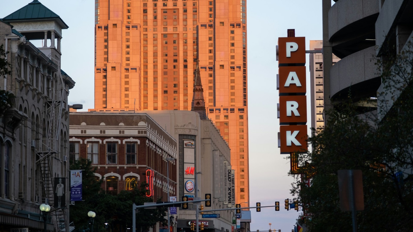 Downtown San Antonio street corner at dusk